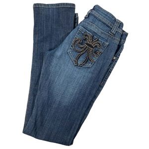 INY Women’s Fleur de Lis Embroidered Jeans Sz 28 Cotton Blend Low Rise Straight